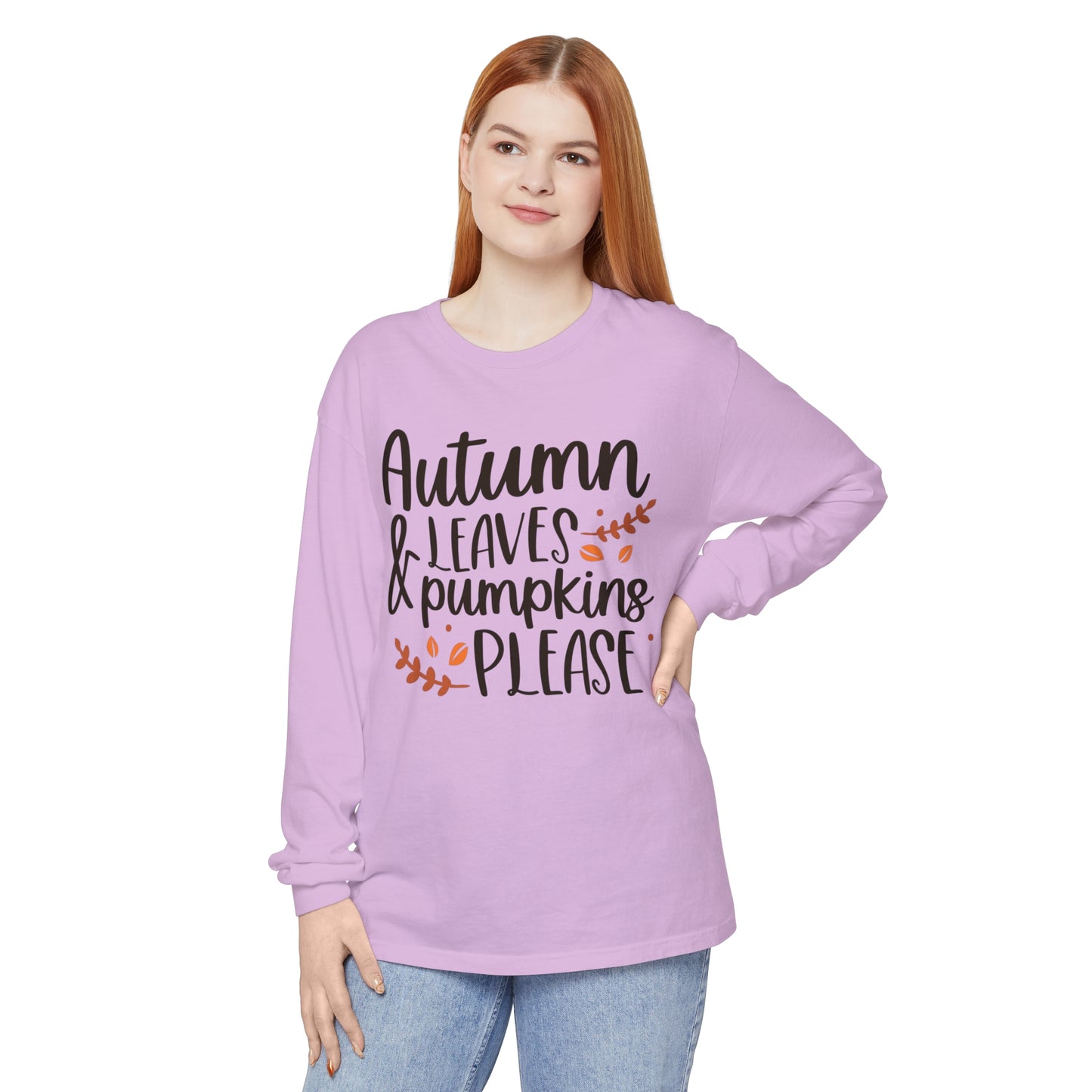 Autumn Leaves & Pumpkins Please Garment-dyed Long Sleeve T-Shirt