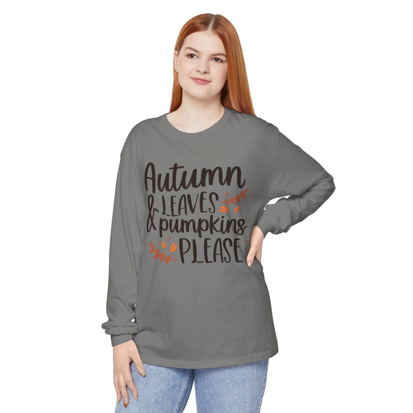 Autumn Leaves & Pumpkins Please Garment-dyed Long Sleeve T-Shirt