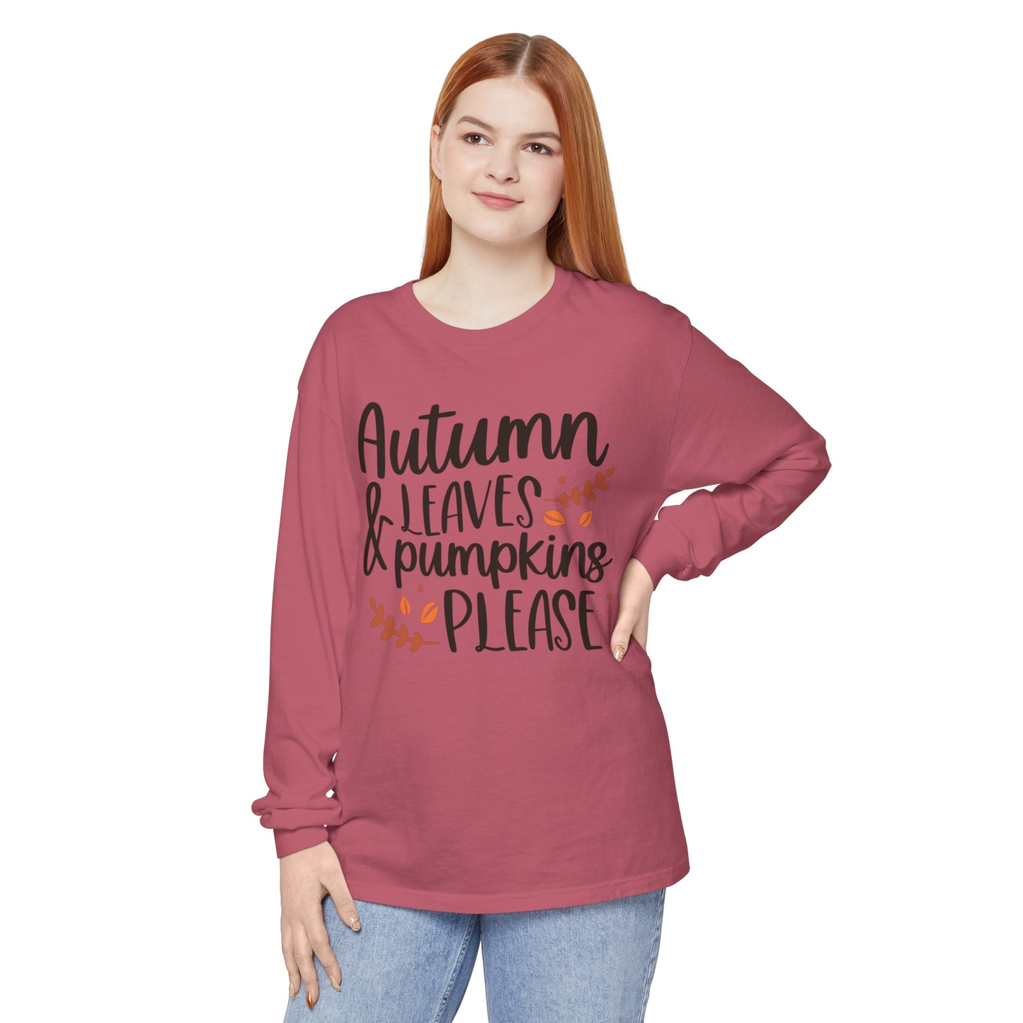 Autumn Leaves & Pumpkins Please Garment-dyed Long Sleeve T-Shirt