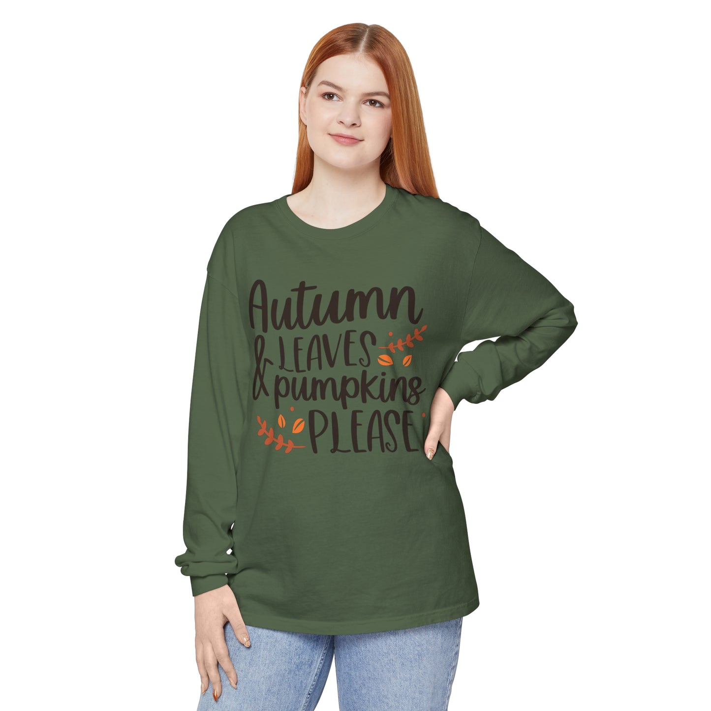 Autumn Leaves & Pumpkins Please Garment-dyed Long Sleeve T-Shirt