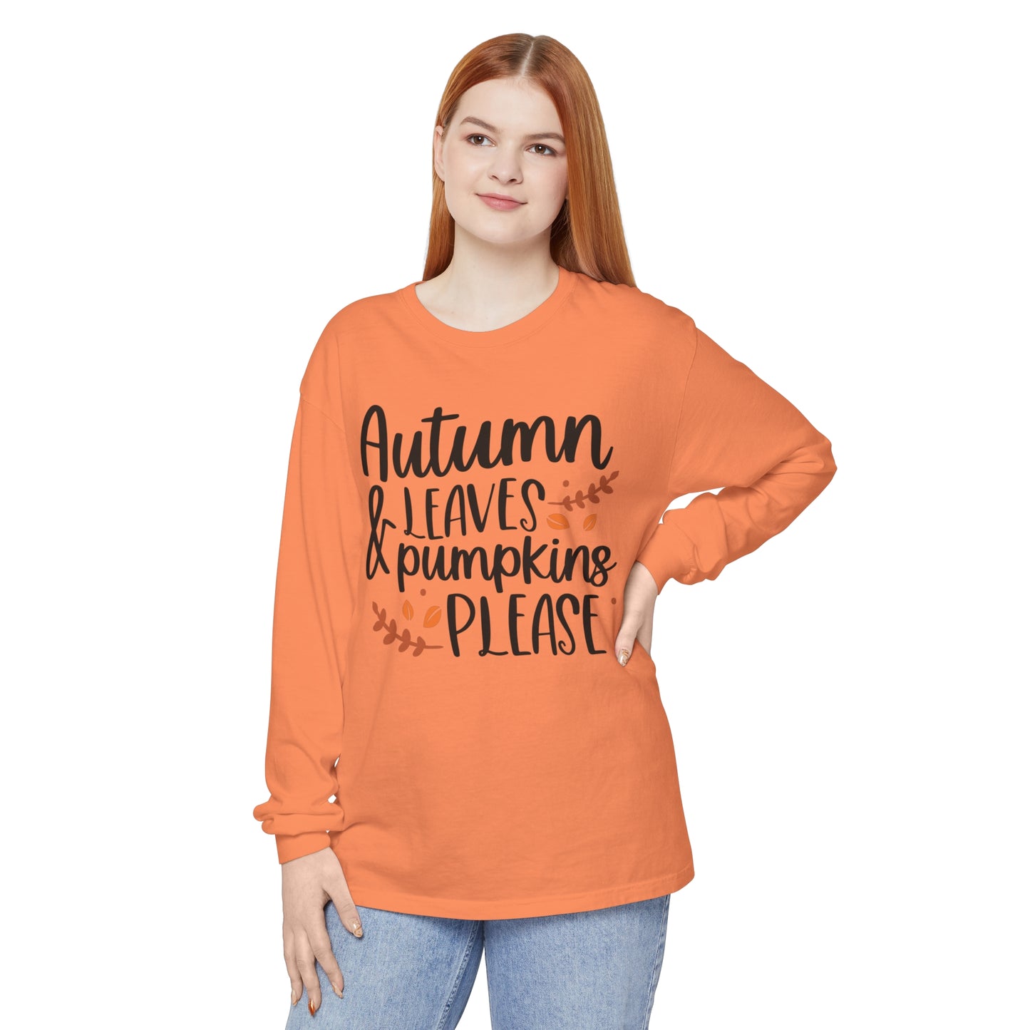 Autumn Leaves & Pumpkins Please Garment-dyed Long Sleeve T-Shirt