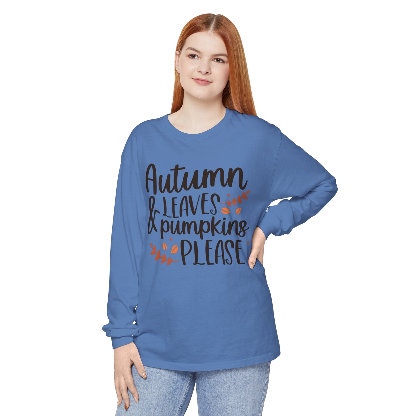 Autumn Leaves & Pumpkins Please Garment-dyed Long Sleeve T-Shirt