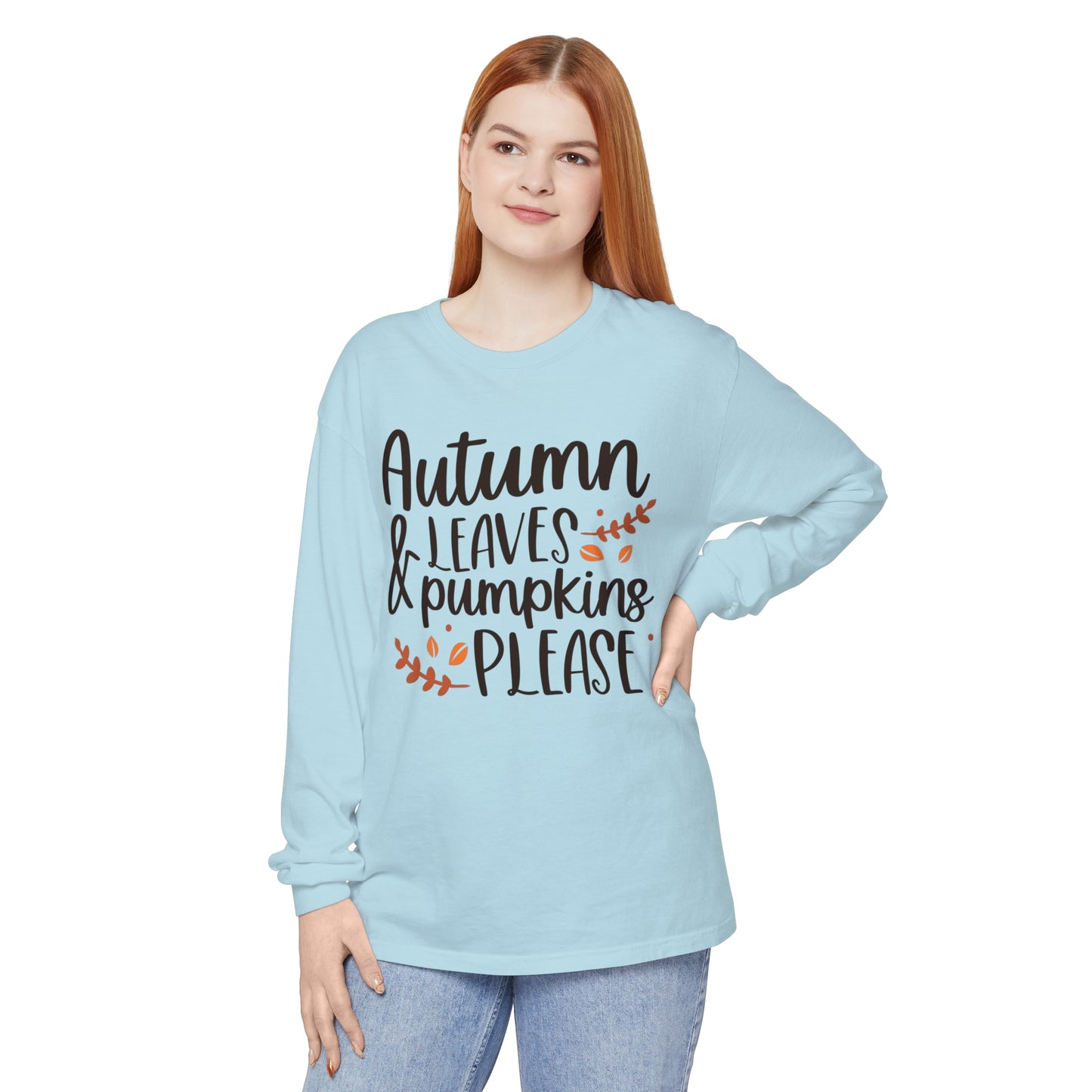 Autumn Leaves & Pumpkins Please Garment-dyed Long Sleeve T-Shirt