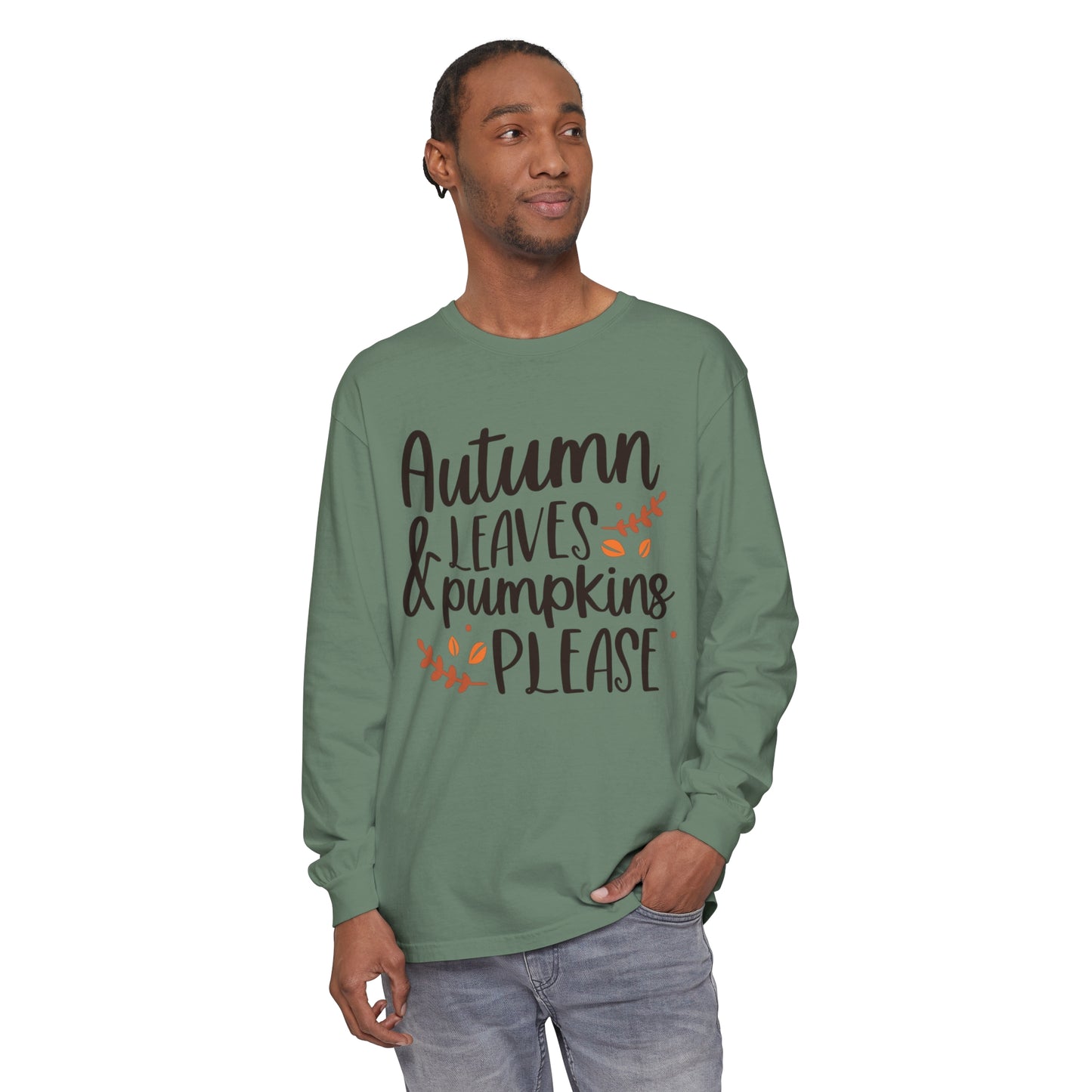 Autumn Leaves & Pumpkins Please Garment-dyed Long Sleeve T-Shirt