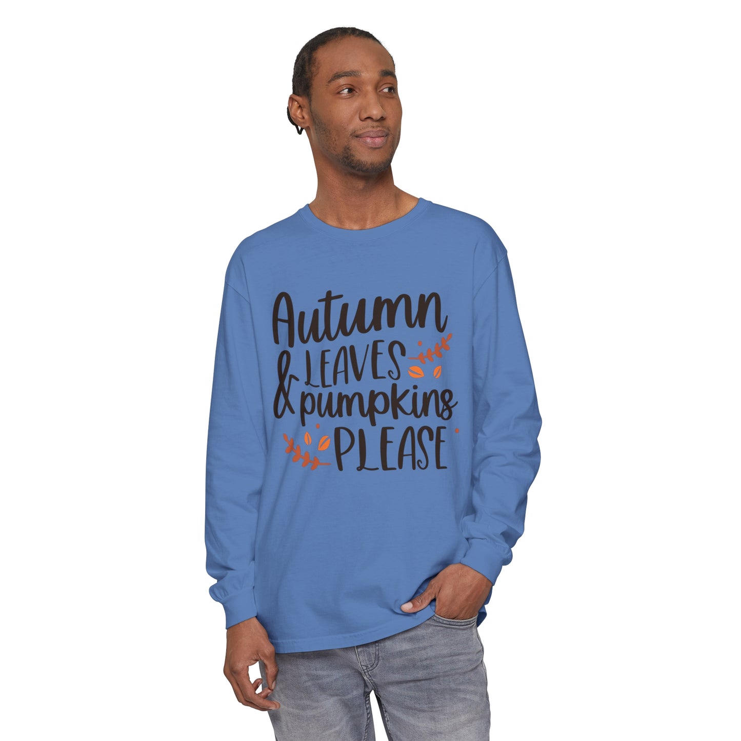 Autumn Leaves & Pumpkins Please Garment-dyed Long Sleeve T-Shirt