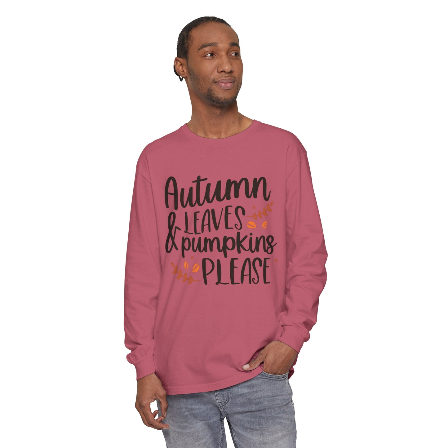 Autumn Leaves & Pumpkins Please Garment-dyed Long Sleeve T-Shirt