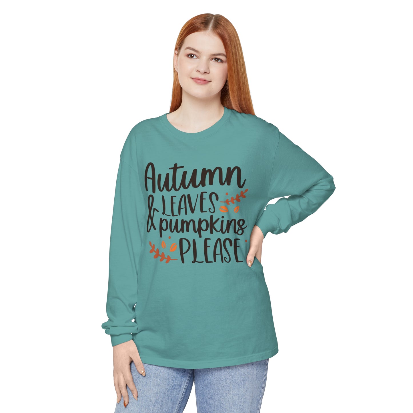 Autumn Leaves & Pumpkins Please Garment-dyed Long Sleeve T-Shirt