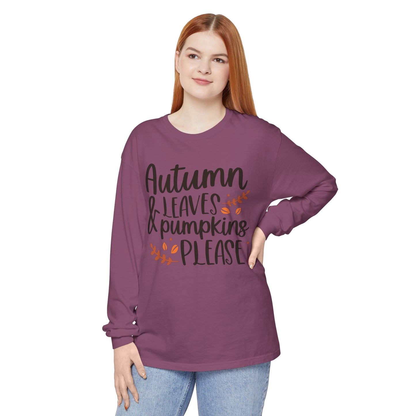Autumn Leaves & Pumpkins Please Garment-dyed Long Sleeve T-Shirt