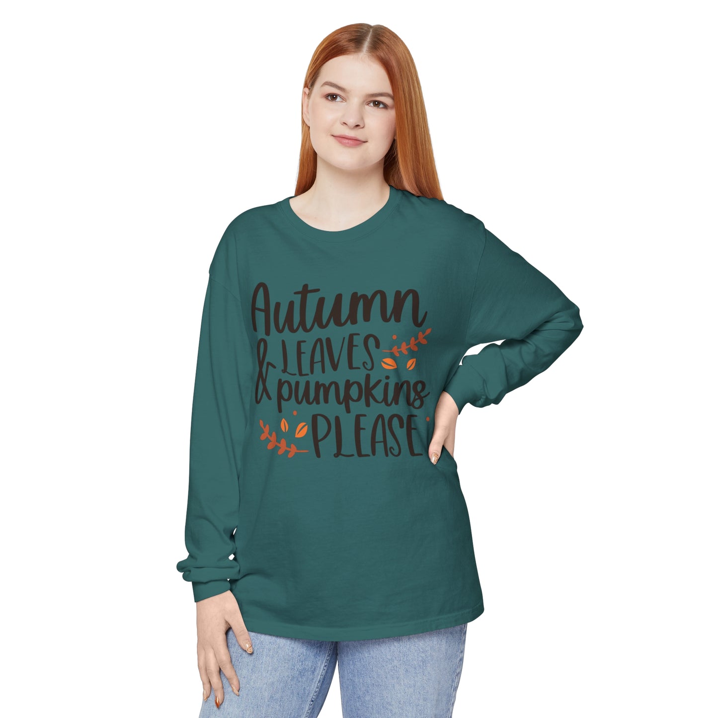 Autumn Leaves & Pumpkins Please Garment-dyed Long Sleeve T-Shirt