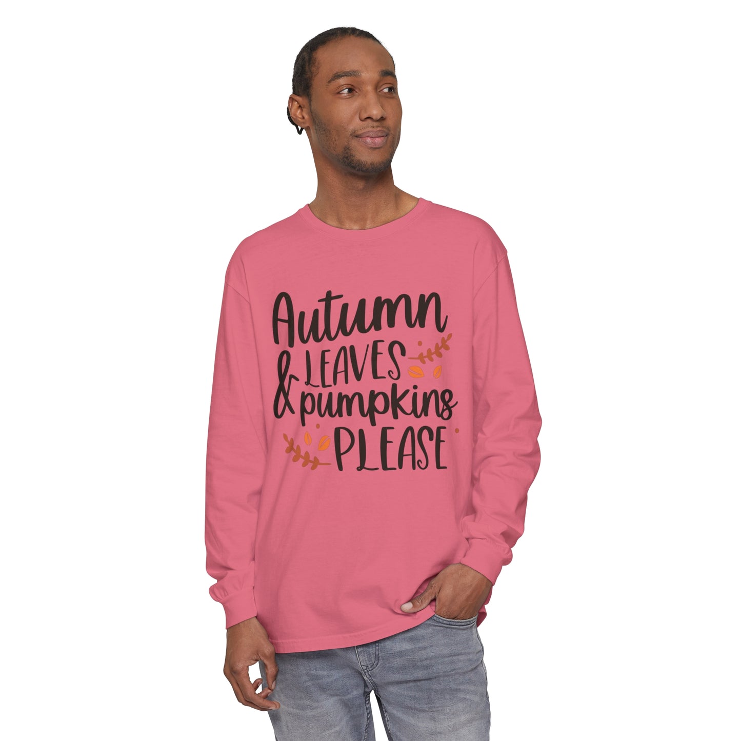 Autumn Leaves & Pumpkins Please Garment-dyed Long Sleeve T-Shirt