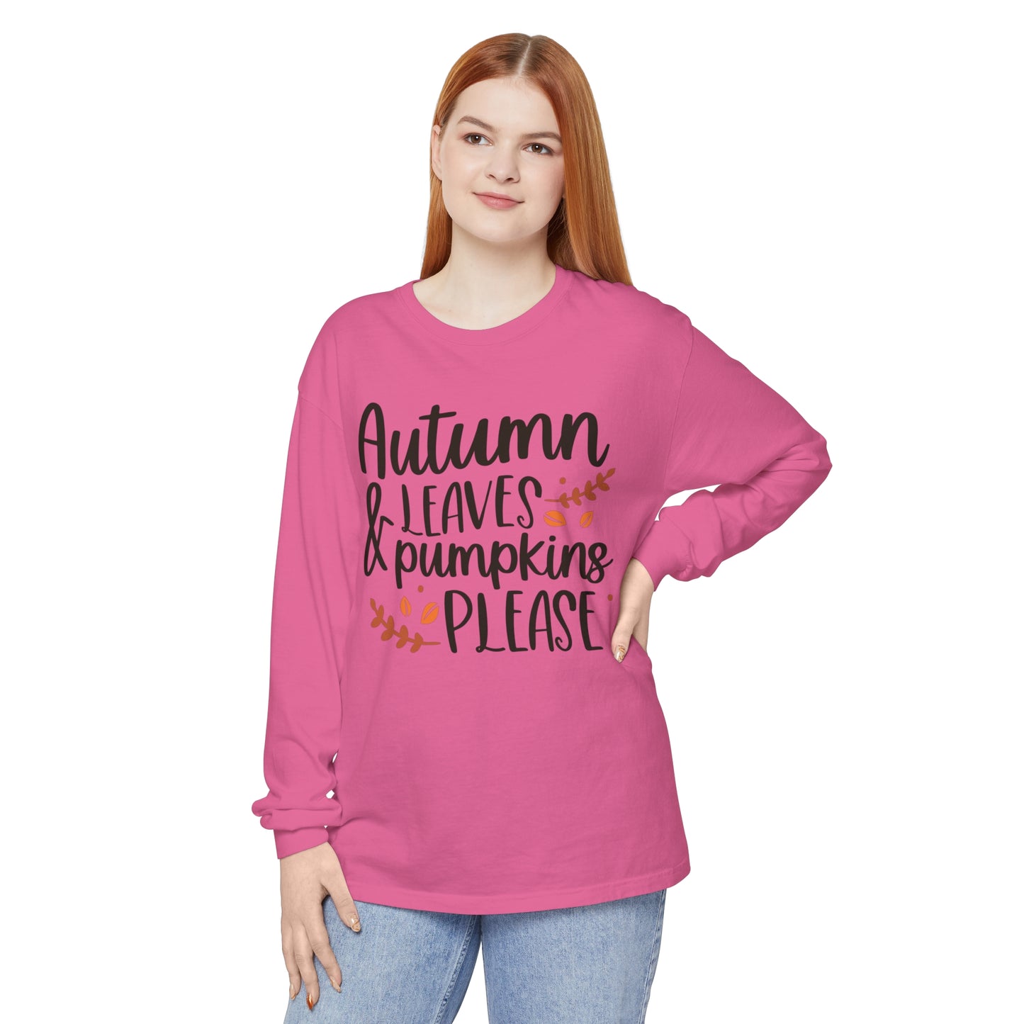 Autumn Leaves & Pumpkins Please Garment-dyed Long Sleeve T-Shirt