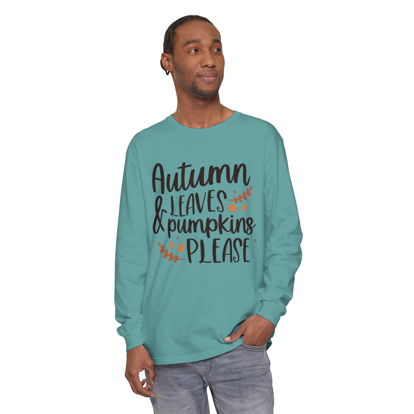 Autumn Leaves & Pumpkins Please Garment-dyed Long Sleeve T-Shirt