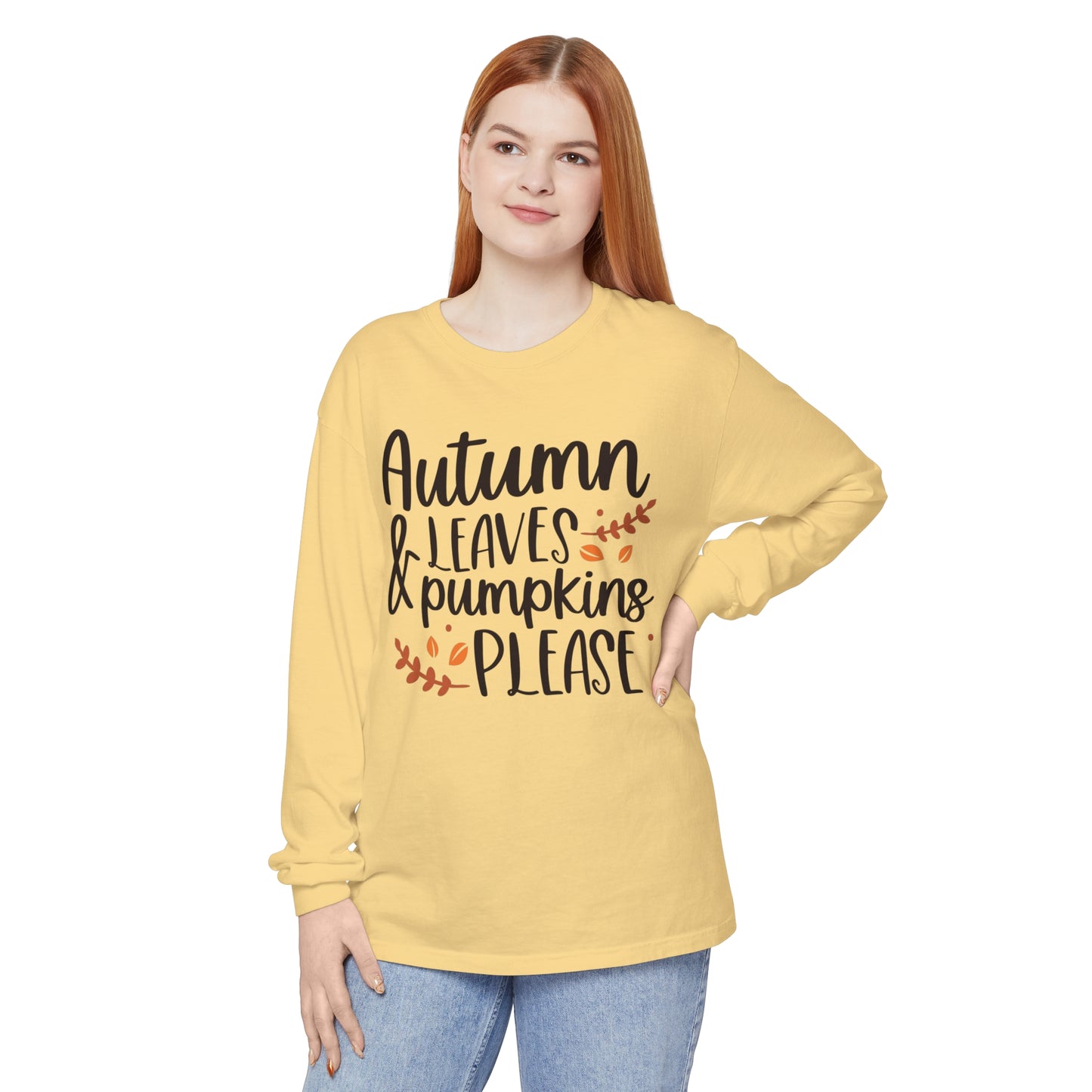 Autumn Leaves & Pumpkins Please Garment-dyed Long Sleeve T-Shirt