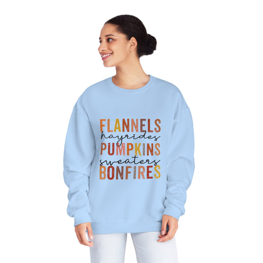 Flannels, Hayrides, Pumpkins, Sweaters, Bonfires Crewneck Sweatshirt