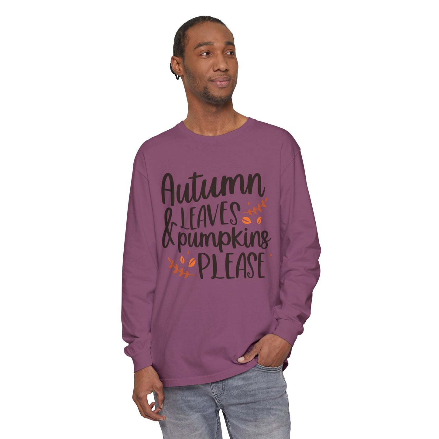 Autumn Leaves & Pumpkins Please Garment-dyed Long Sleeve T-Shirt