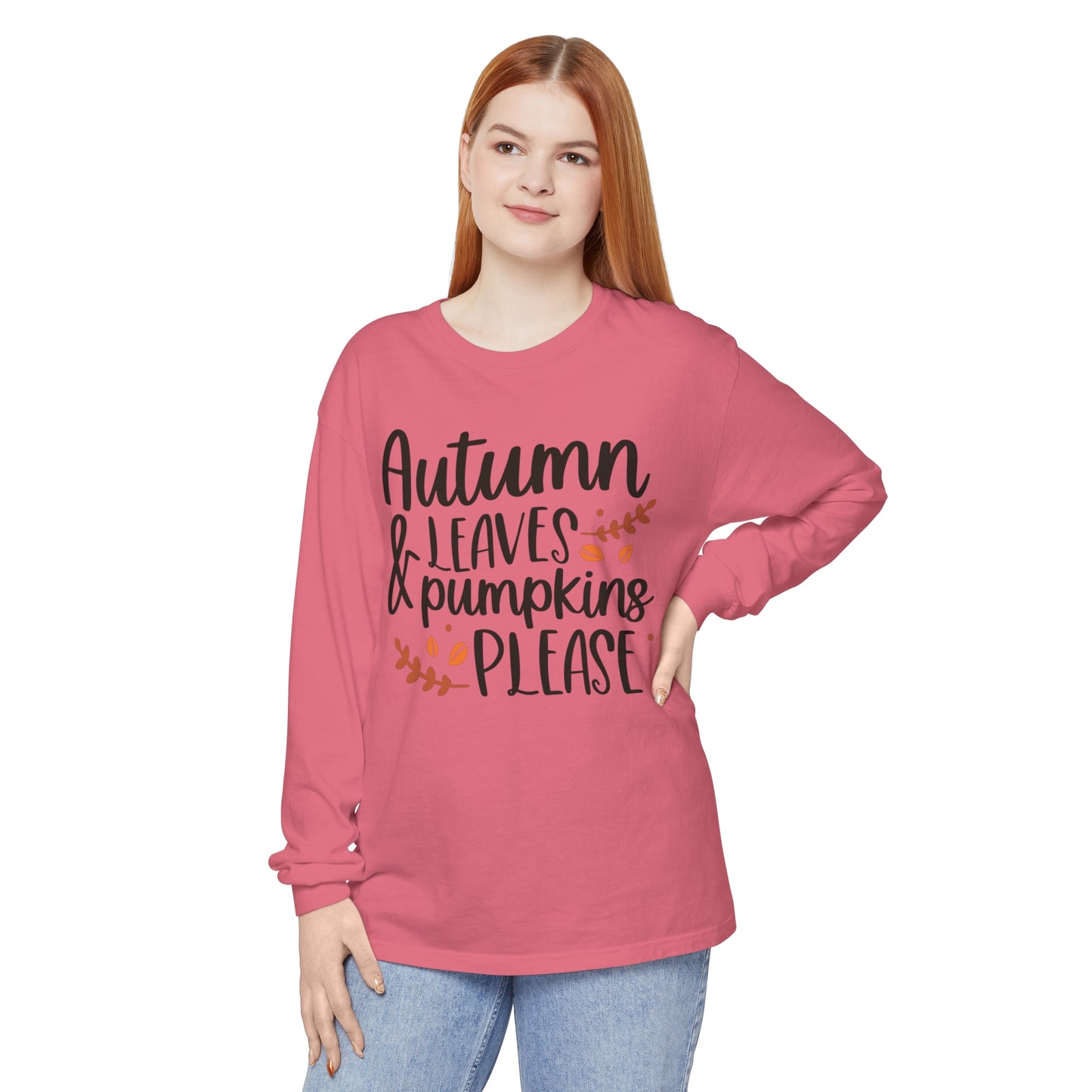 Autumn Leaves & Pumpkins Please Garment-dyed Long Sleeve T-Shirt