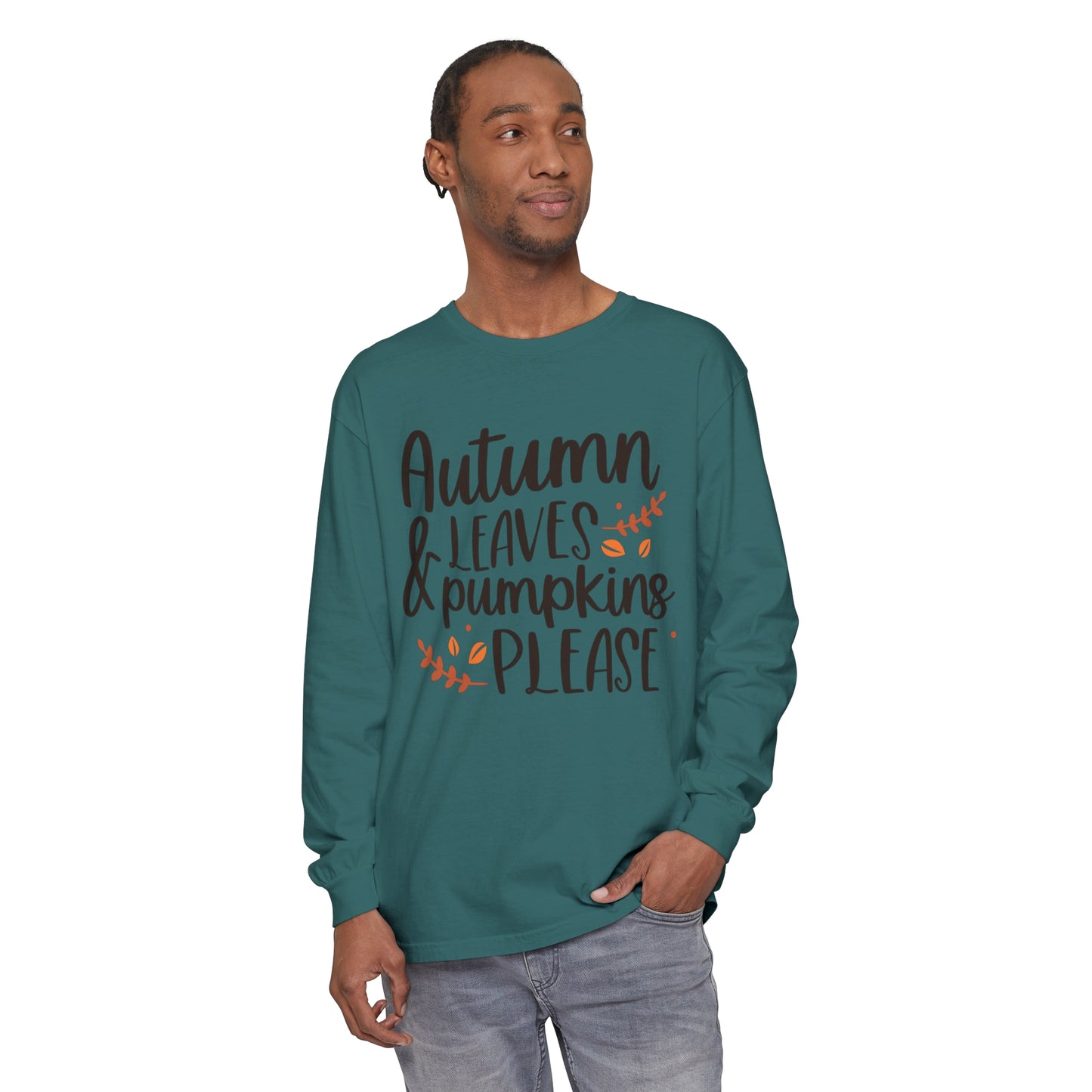 Autumn Leaves & Pumpkins Please Garment-dyed Long Sleeve T-Shirt