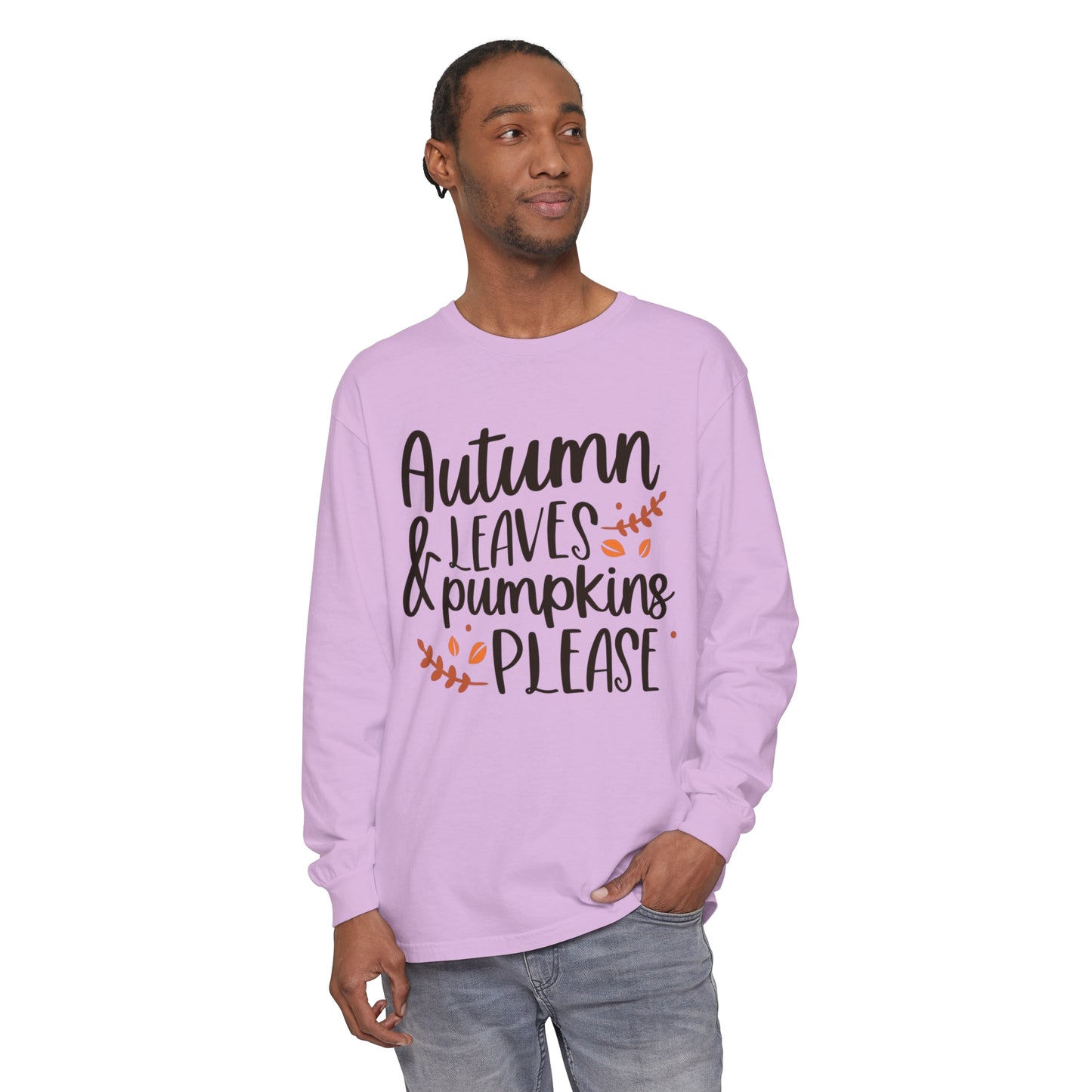 Autumn Leaves & Pumpkins Please Garment-dyed Long Sleeve T-Shirt