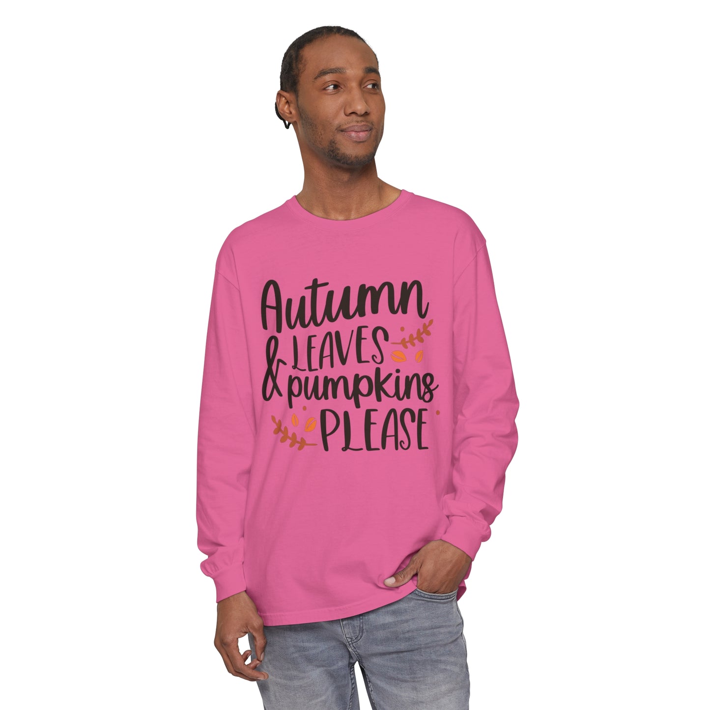 Autumn Leaves & Pumpkins Please Garment-dyed Long Sleeve T-Shirt